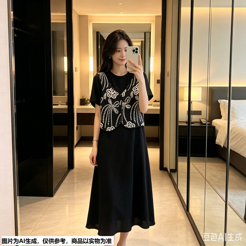 【Annie 176】夏款刺绣马甲连衣裙假两件气质宽松大码显瘦长裙