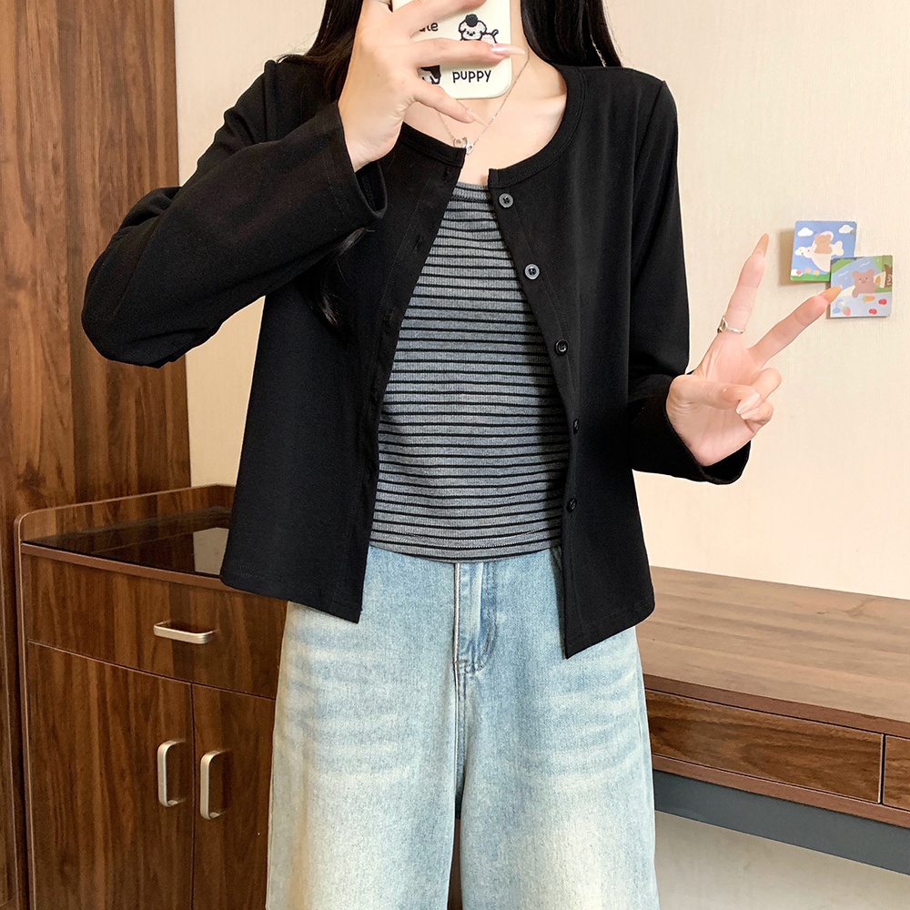 大码女装爆款秋季条纹吊带长袖开衫外套两件套气质通勤显瘦百搭款