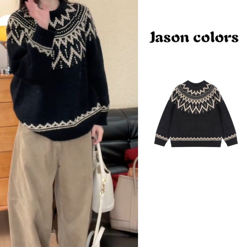 费尔岛毛衣女秋冬款宽松慵懒风套头针织加厚提花百搭休闲W1011