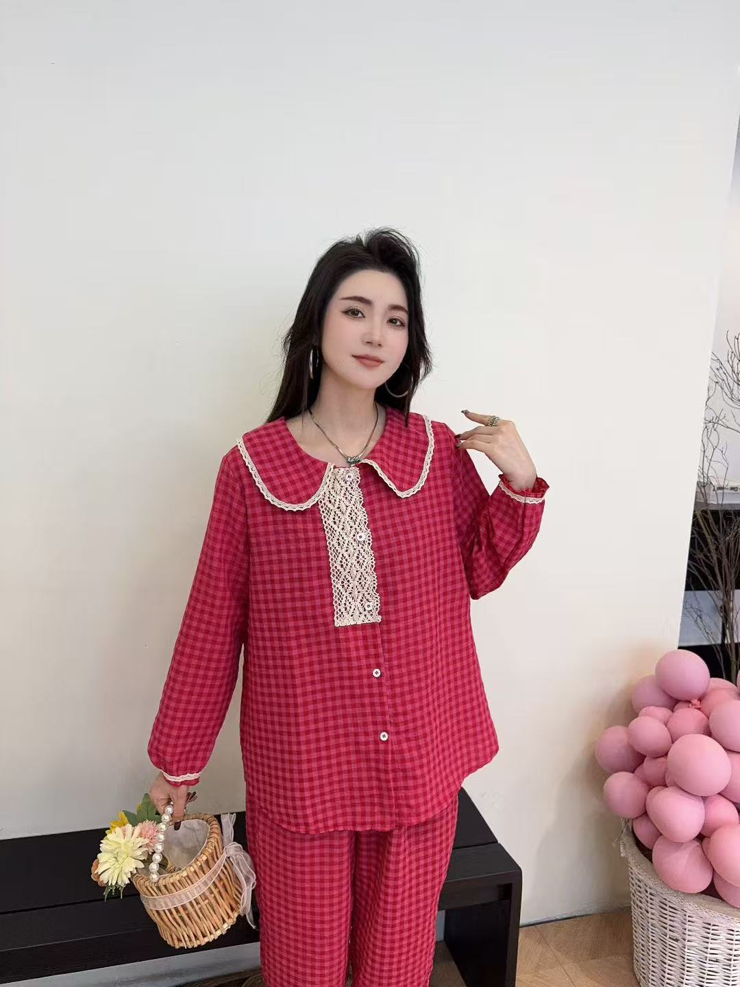 春秋韩版减龄娃娃领格子时尚洋气大码家居服套装