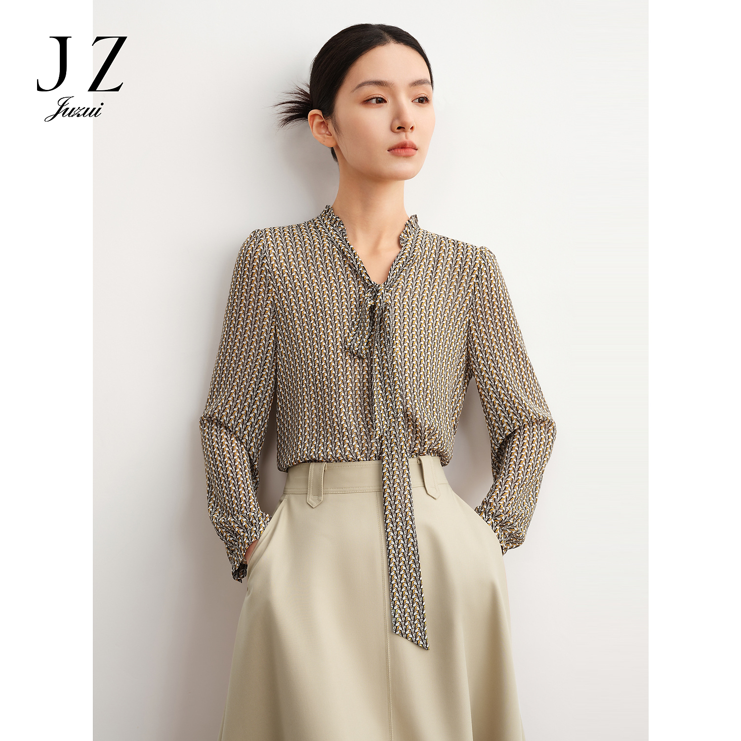 商场同款JZ玖姿JWDQ80307复古通勤印花短袖上衣女秋季款