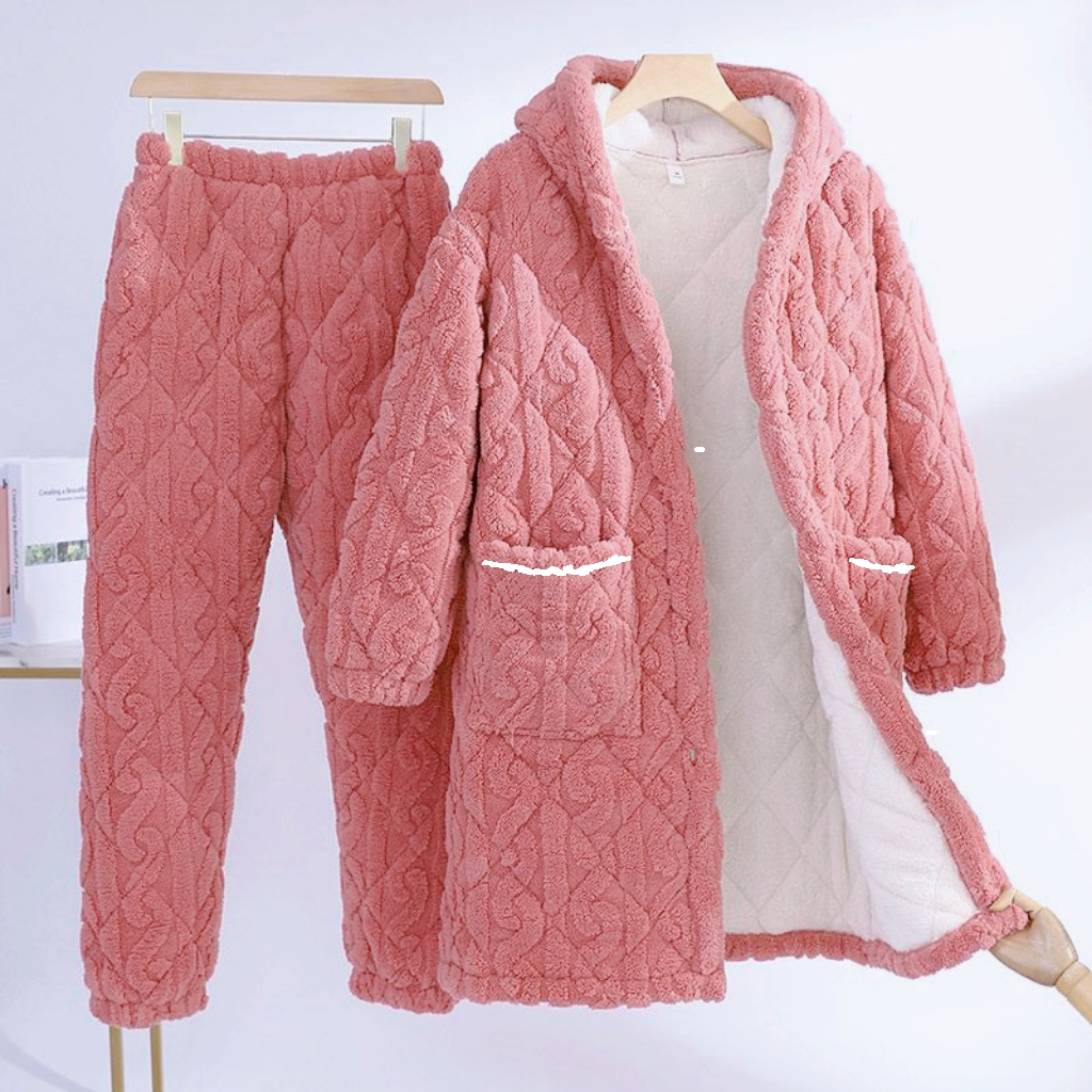 女士冬季加绒加厚连帽大码可外穿可爱甜美家居服套装