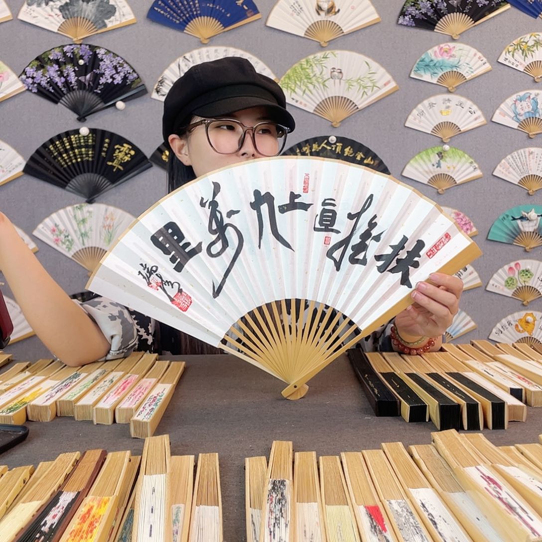 国画95寸水磨玉竹纯手绘-文玩扇骨（默认粘好）