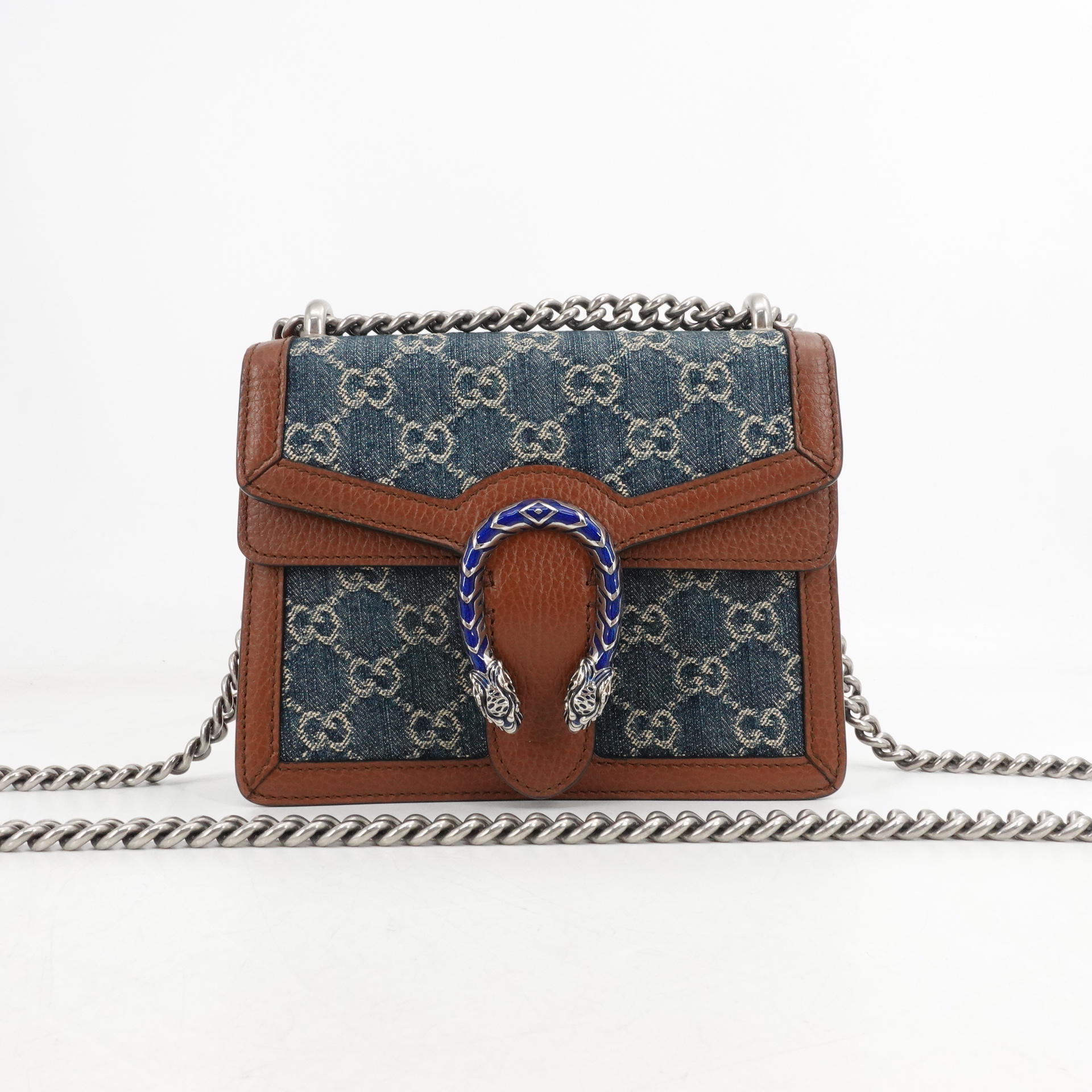 95新 GUCCI/古驰 GGS酒神小号蓝色老花银扣牛仔丹宁拼皮75752211