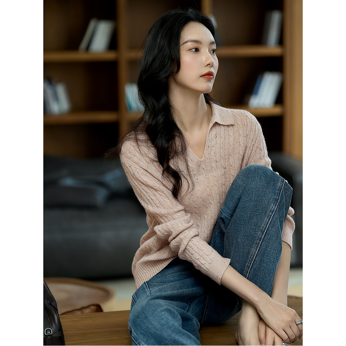 笑涵阁 温暖文艺绞花毛衣 羊毛羊绒复古翻领针织衫秋ZYJ865257VG