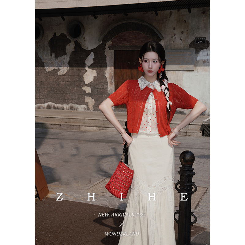 无艳一禾【红磨坊舞曲】静奢千金波点蕾丝上衣红色套装+针织衫+半裙
