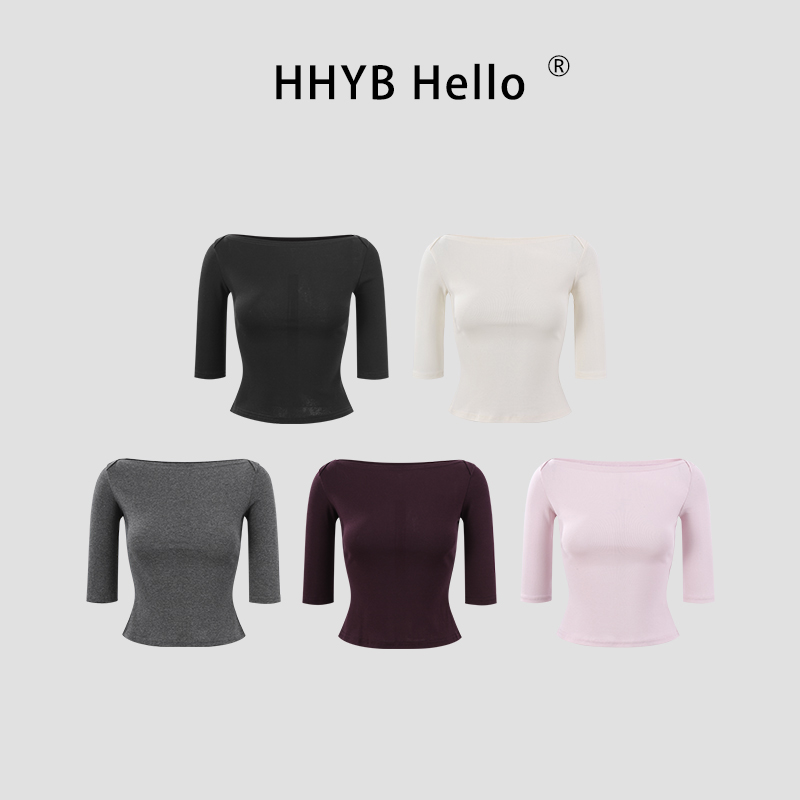 HHYB Hello【售完不补】一字领修身中袖T恤短款小上衣 250648