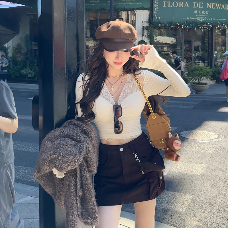 小雨姐姐秋款【嗲欲因子】纯欲性感蕾丝拼接V领带胸垫长袖打底衫女