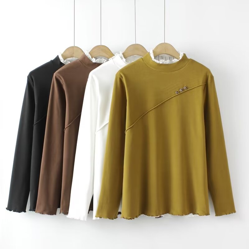 XLD310纽扣装饰花边半高领打底衫女大码德绒保暖内搭上衣休闲上衣