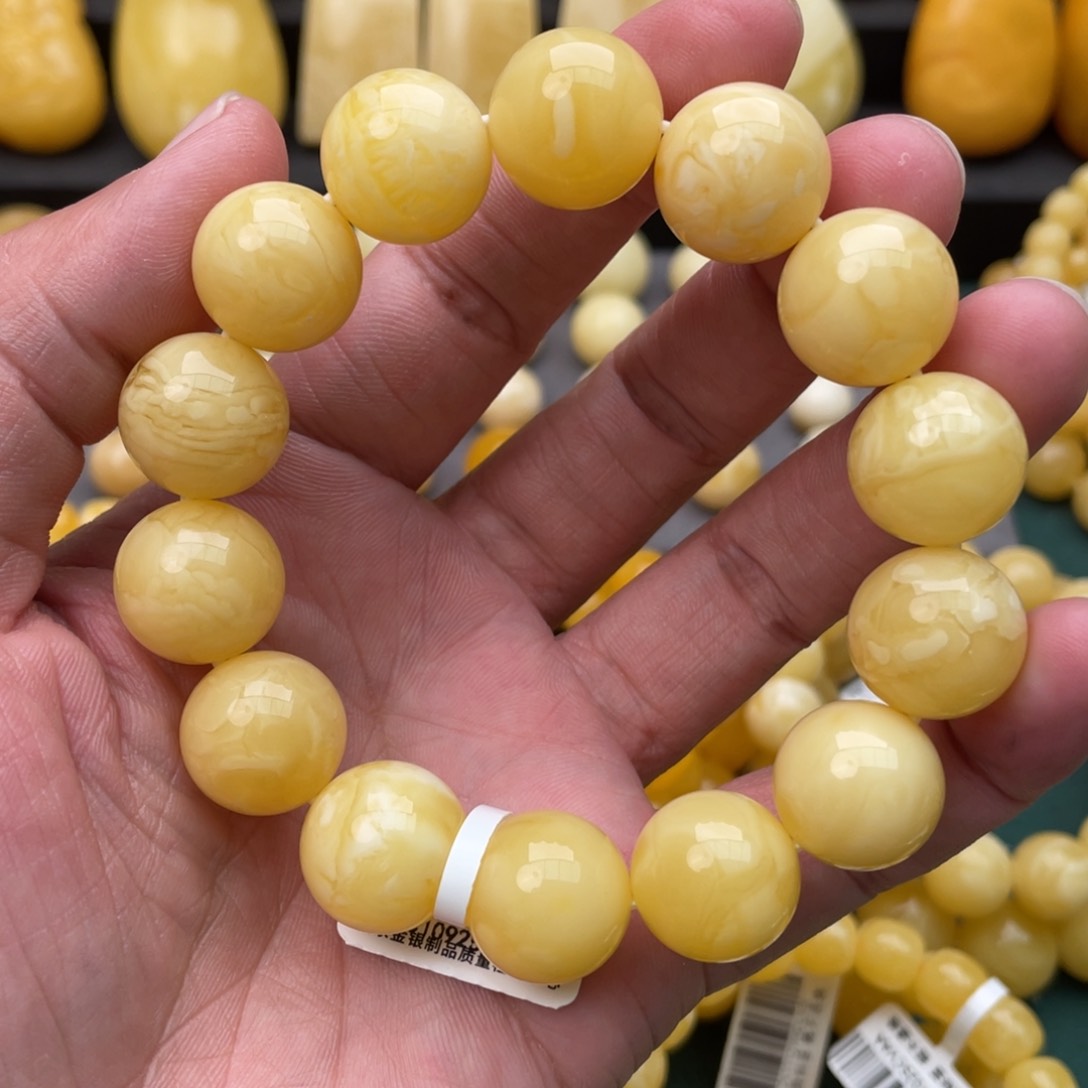 蜜蜡珠宝奇石未镶嵌16mm俄料满蜡白花圆珠手串32.9克