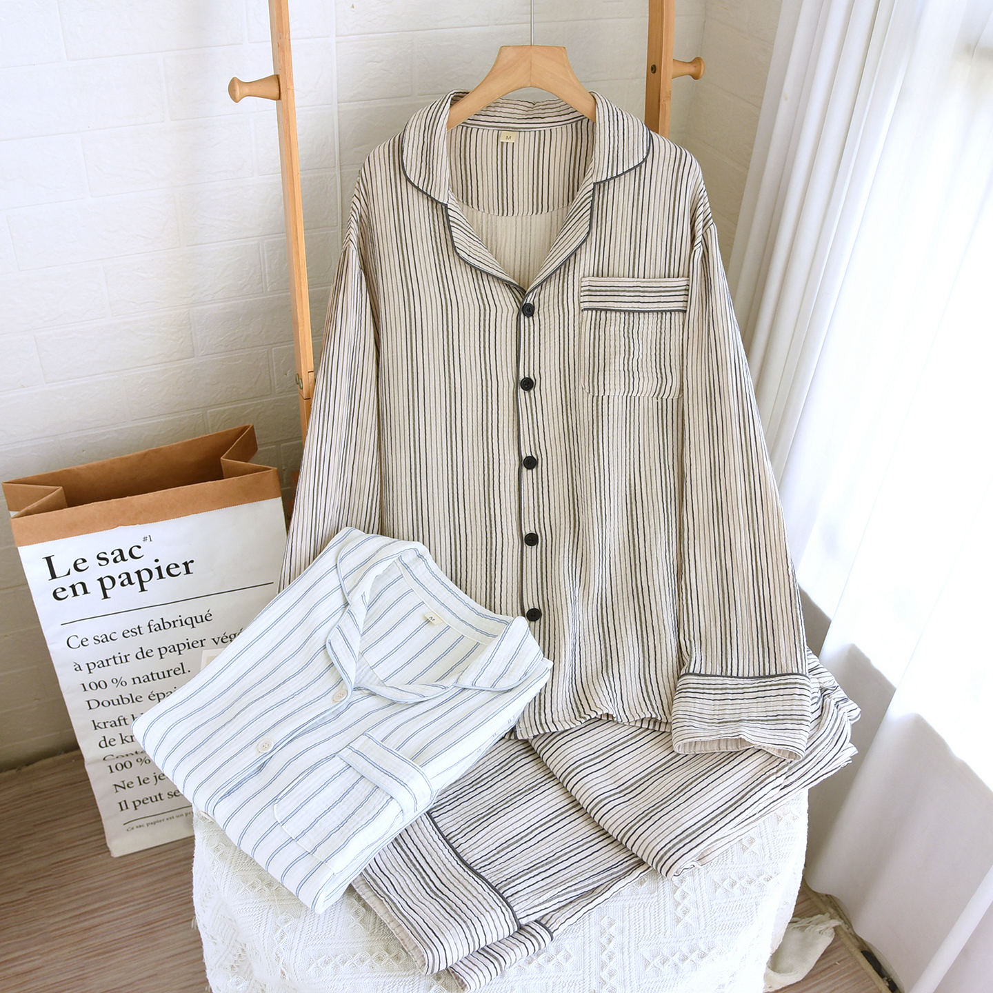纯棉100棉韩系双层纱布长袖简约宽松条纹男女情侣款家居服套装