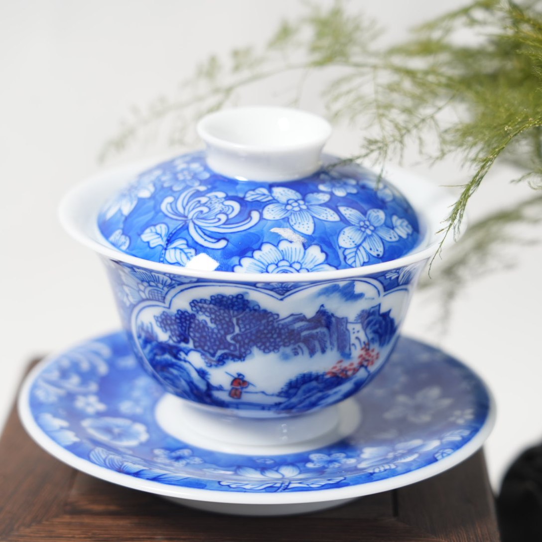 景德镇陶瓷-吴小琴万花开窗山水三才盖碗