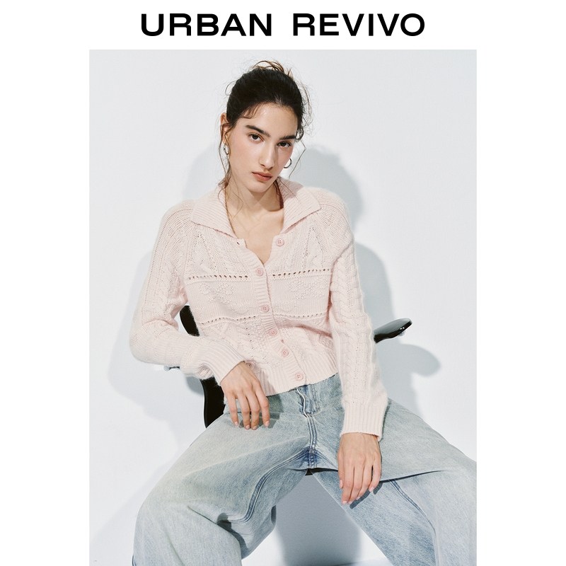 UR2026春季新款女装休闲甜美绞花翻领针织开衫UYL960003