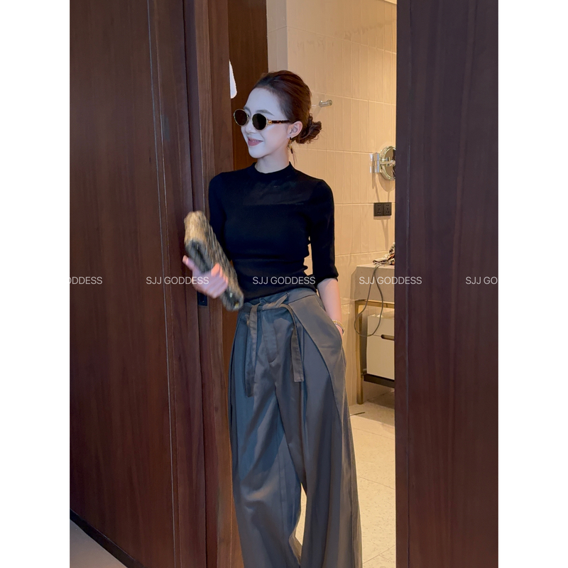 【娇娇私服定制】新款百搭修身网纱拼接中袖针织上衣（衣长50）91901#