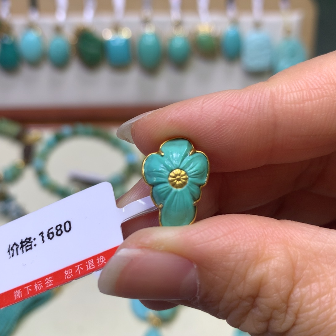 绿松石花卡子18K金镶嵌