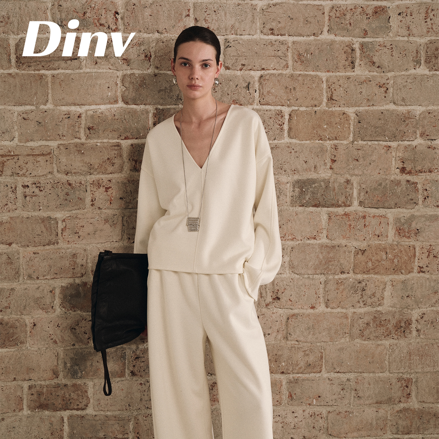 Dinv/慵懒随性山羊绒醋纤廓形宽松百搭叠穿套头V领卫衣/香蕉裤