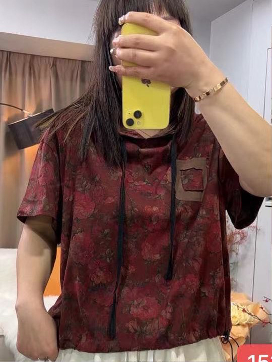 复古风格植物花卉时尚休闲连帽拼接短袖T恤