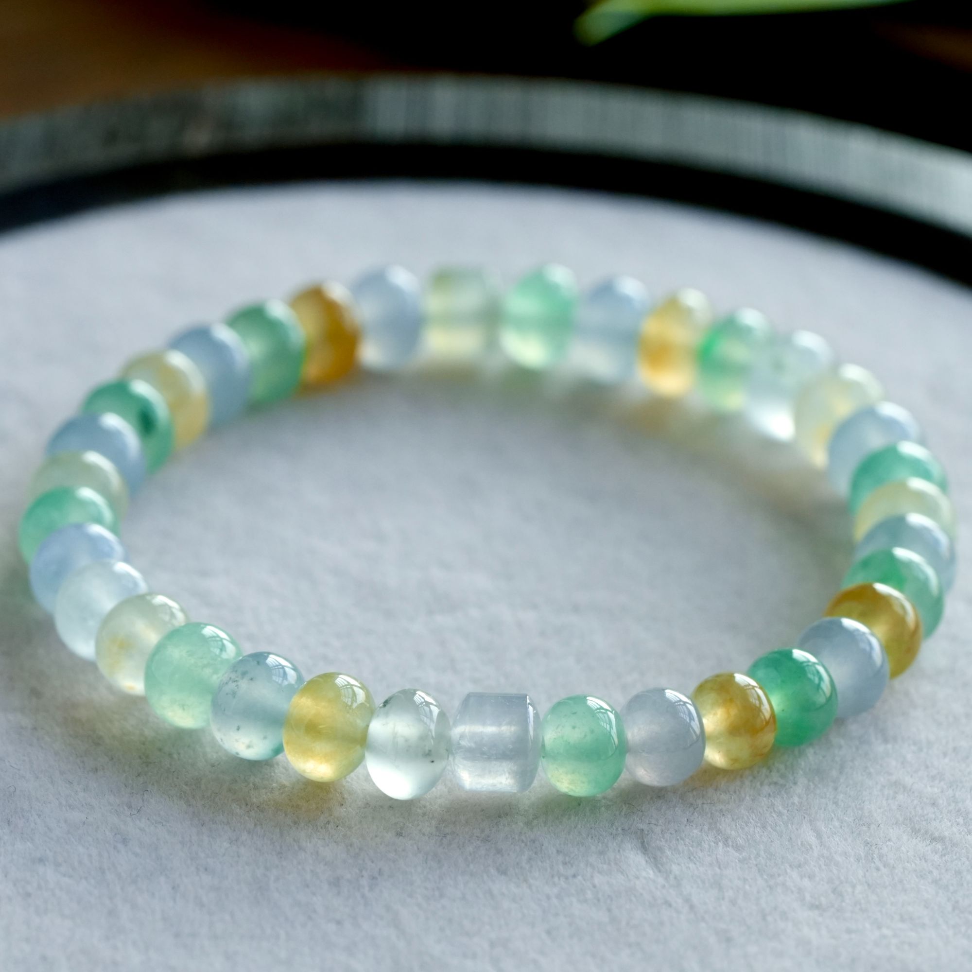 F621冰种幻彩鼓珠手串翡翠珠珠缅甸天然A货时尚女士渐变单圈百搭