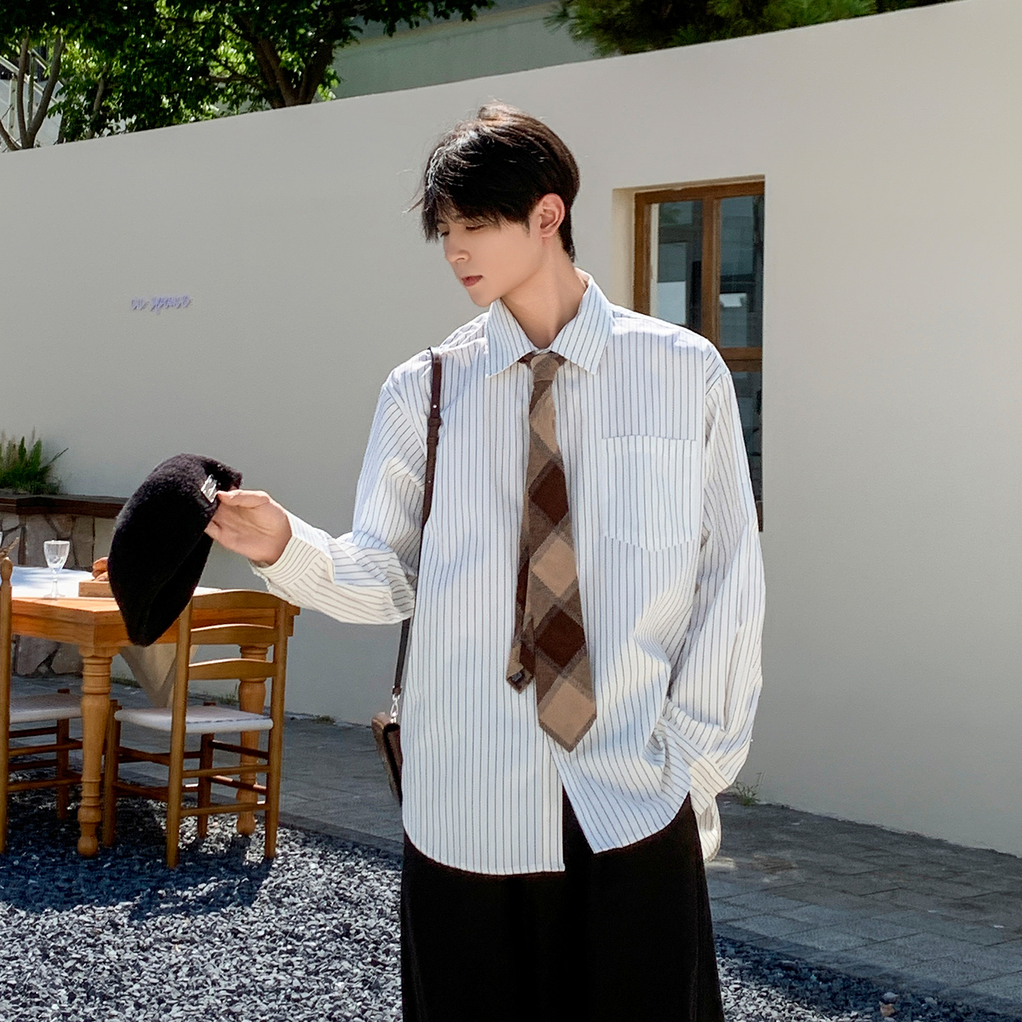 白口阳【秋日序曲】基础条纹痞帅长袖衬衫休闲宽松百搭衬衣男31060