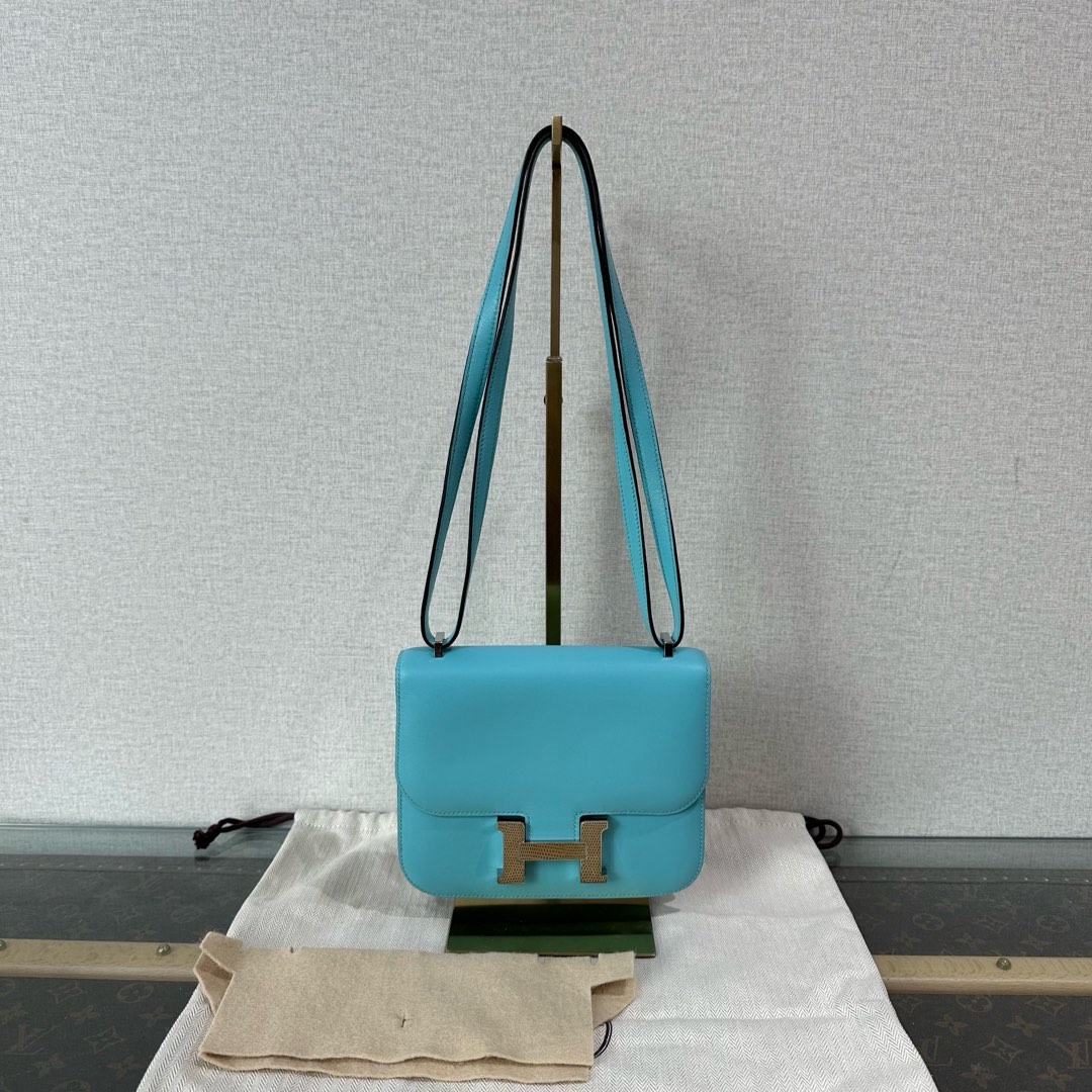 95新 Hermes/爱马仕 康康19糖果蓝蜥蜴扣单肩斜挎包 04545
