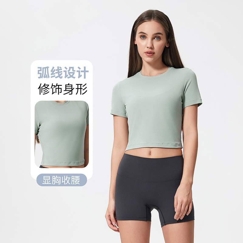 瑜伽服女夏速干运动圆领透气短袖弹力修身跑步健身t恤130
