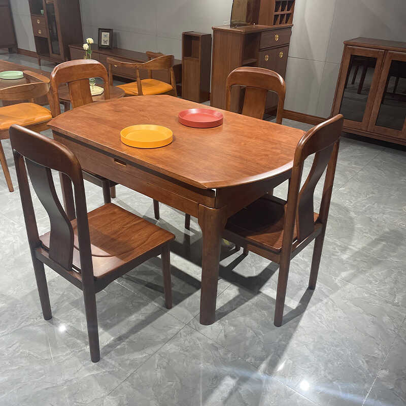 原木风实木餐桌椅组合可伸缩折叠圆桌家用方形饭桌现代简约餐桌