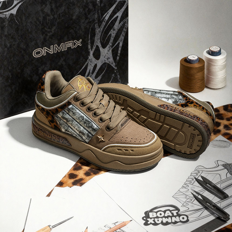 【豹纹小帆船】ONMAX小帆船系列增高5cm板鞋新款发售onmax拼接豹纹
