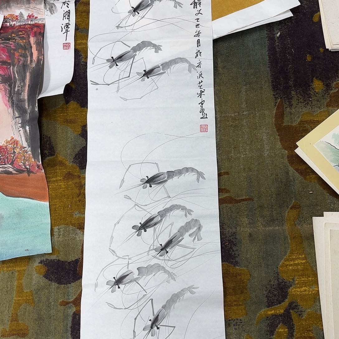 国画四尺对开花鸟童