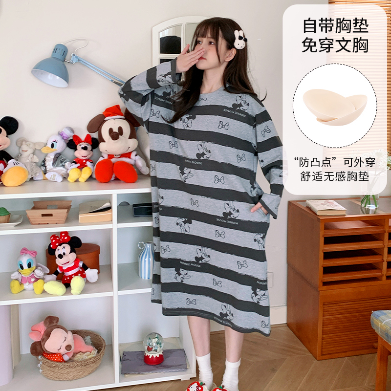  Disney/迪士尼春秋新款套头长袖纯棉带胸垫睡衣女简约家居服0154