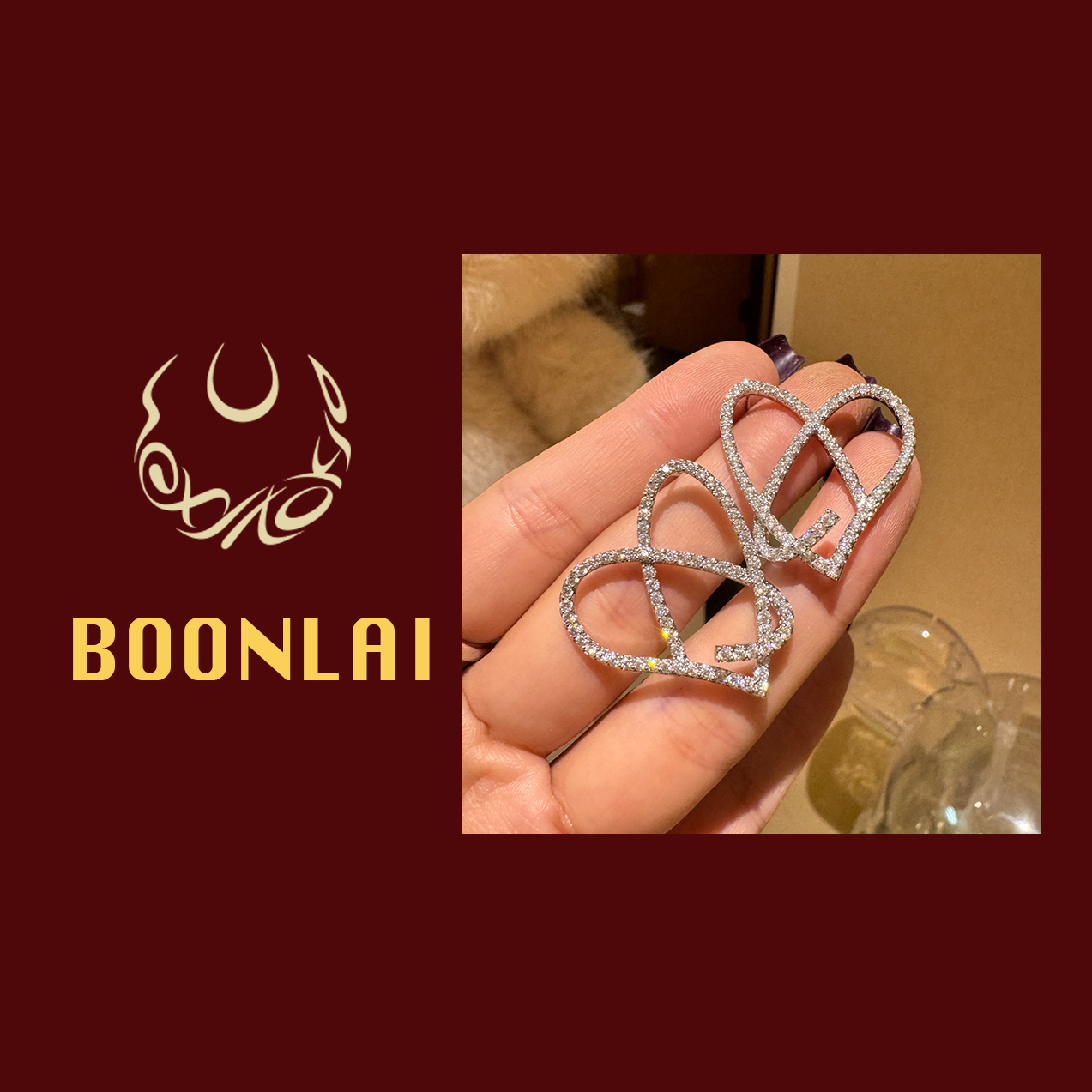 铜合金锆石耳饰 Boonlai小众设计镶钻爱心满钻耳钉1475