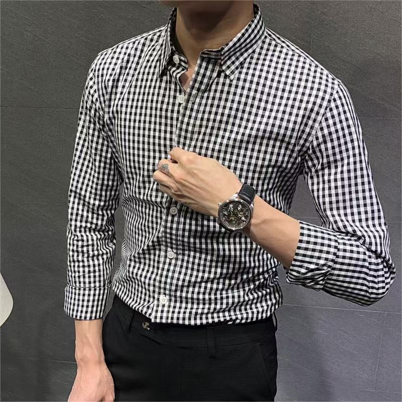 长袖格子成人春秋长绒棉免烫衬衫帅气韩版时尚潮流真皮皮衣男款