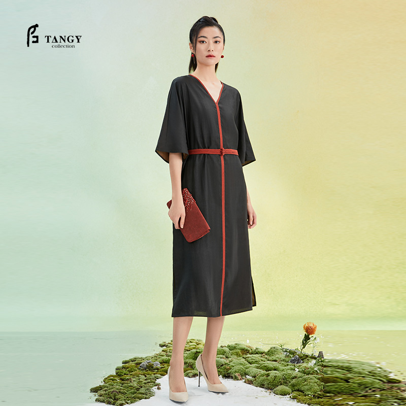 天意精品莨绸一字扣可拆卸腰带中长款连衣裙L221802