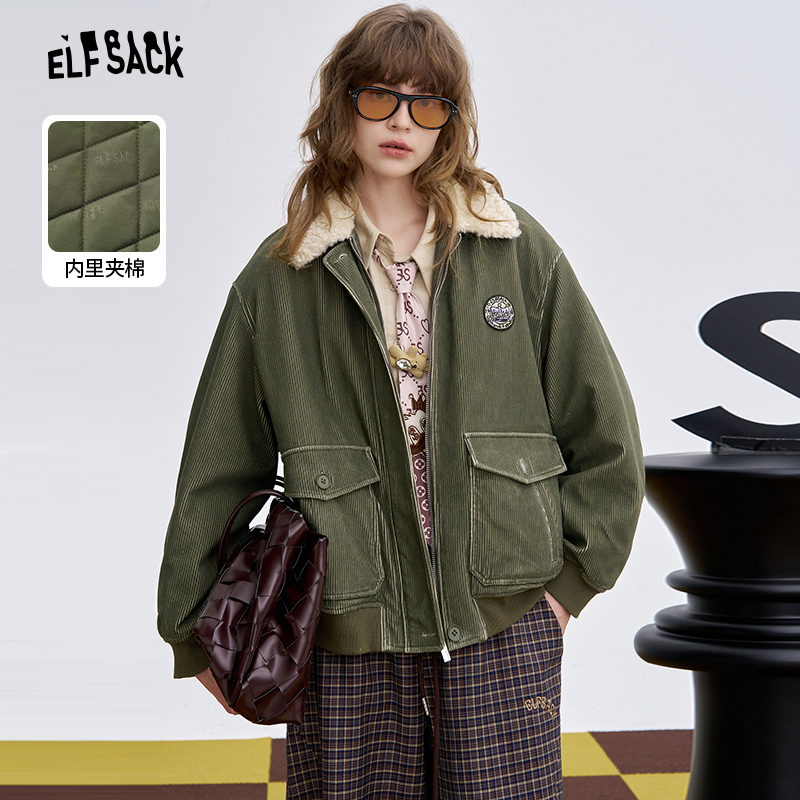 【云c专属】妖精的口袋复古军绿色棉衣外套女2025冬季新款毛绒翻