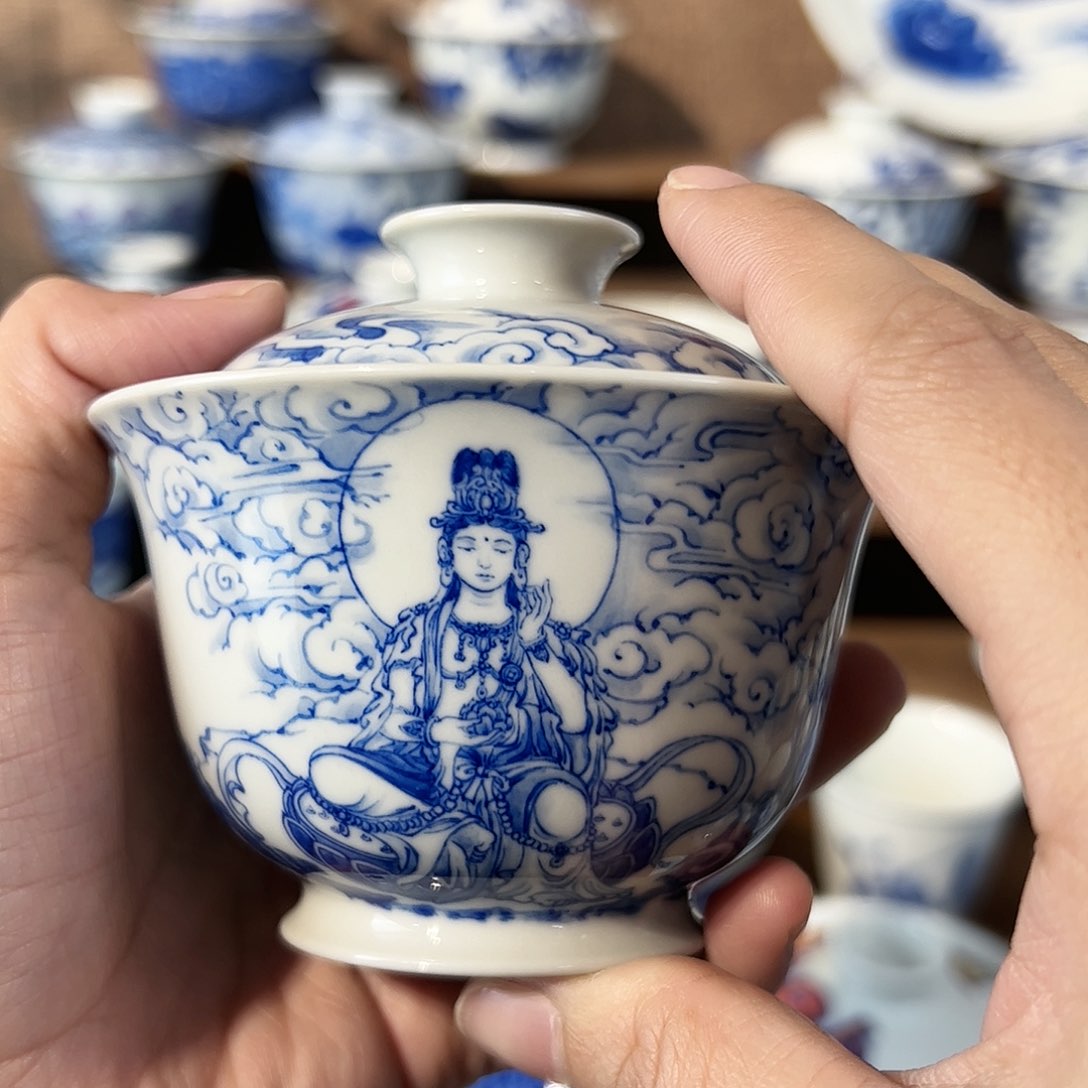 泥藝瓷梦观音盖碗