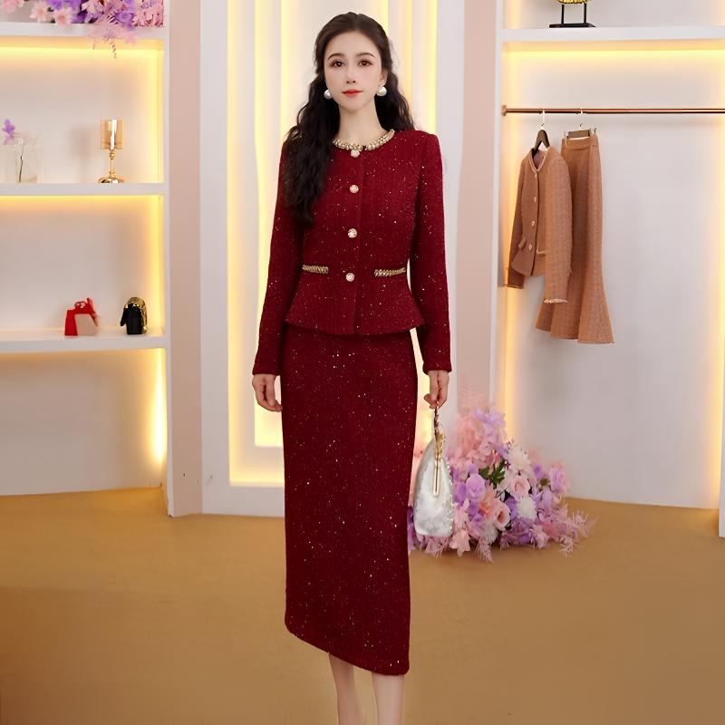 喜婆婆婚宴礼服两件套女2025新款红色小香风秋冬套装敬酒服连衣裙