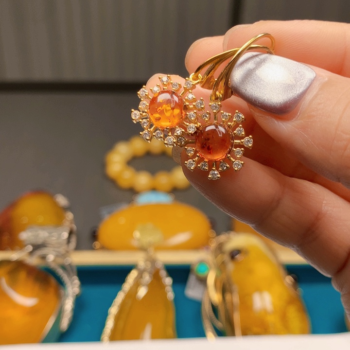 琥珀银S925镶嵌耳饰波兰设计款琥珀蜜蜡