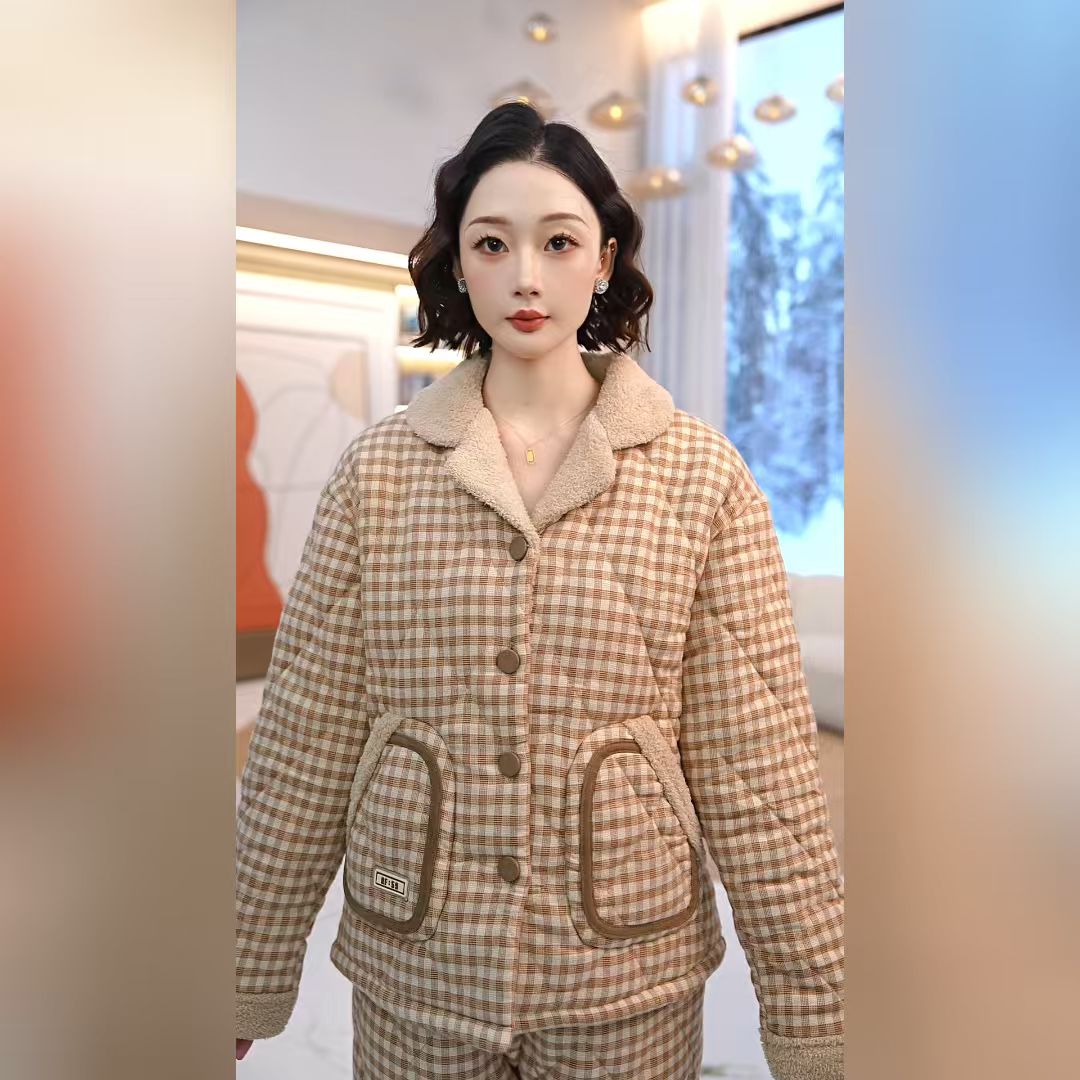 秋鹿梭织色织格夹棉女套冬季时尚格子家居服