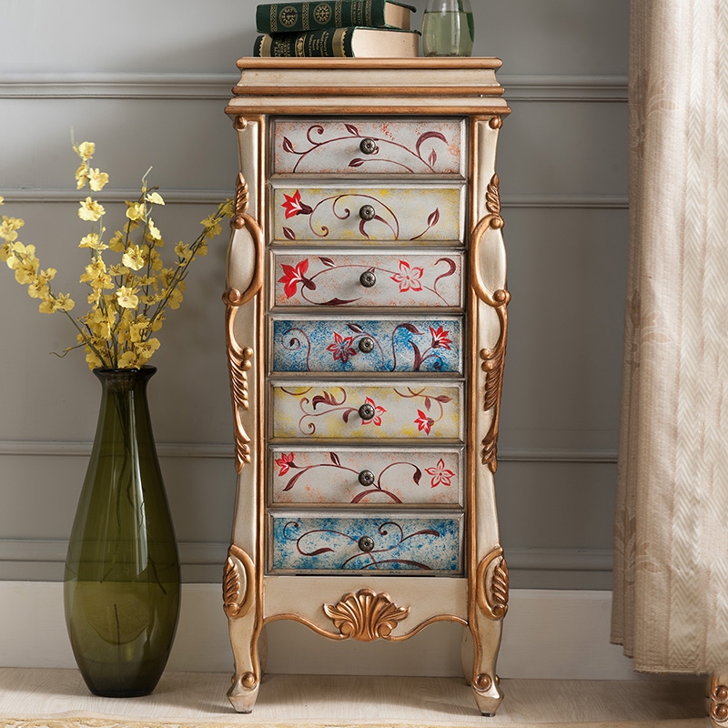 美式实木彩绘七斗柜地中海带镜子首饰柜家用边柜收纳柜复古储物柜