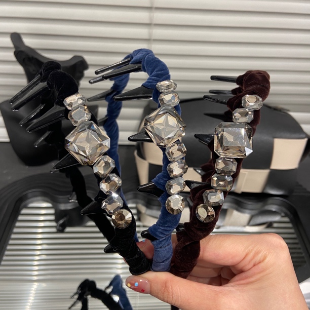 E5105丝绒水钻带齿发箍轻奢高颅顶防滑齿梳头饰女秋冬高级感头箍