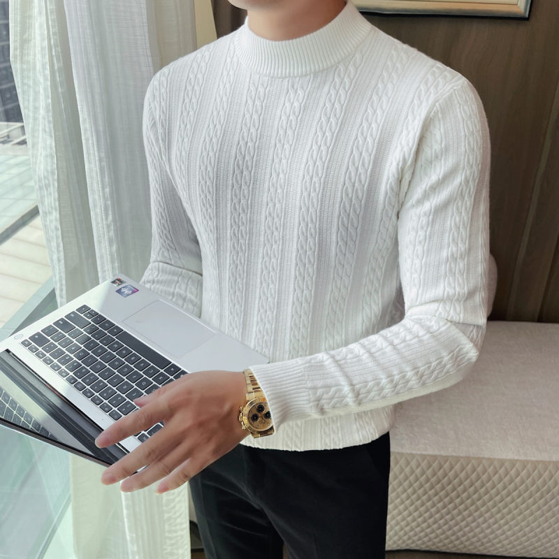 2025秋冬季修身弹力纯色毛衣厚织绞花男士半高领长袖针织衫8548