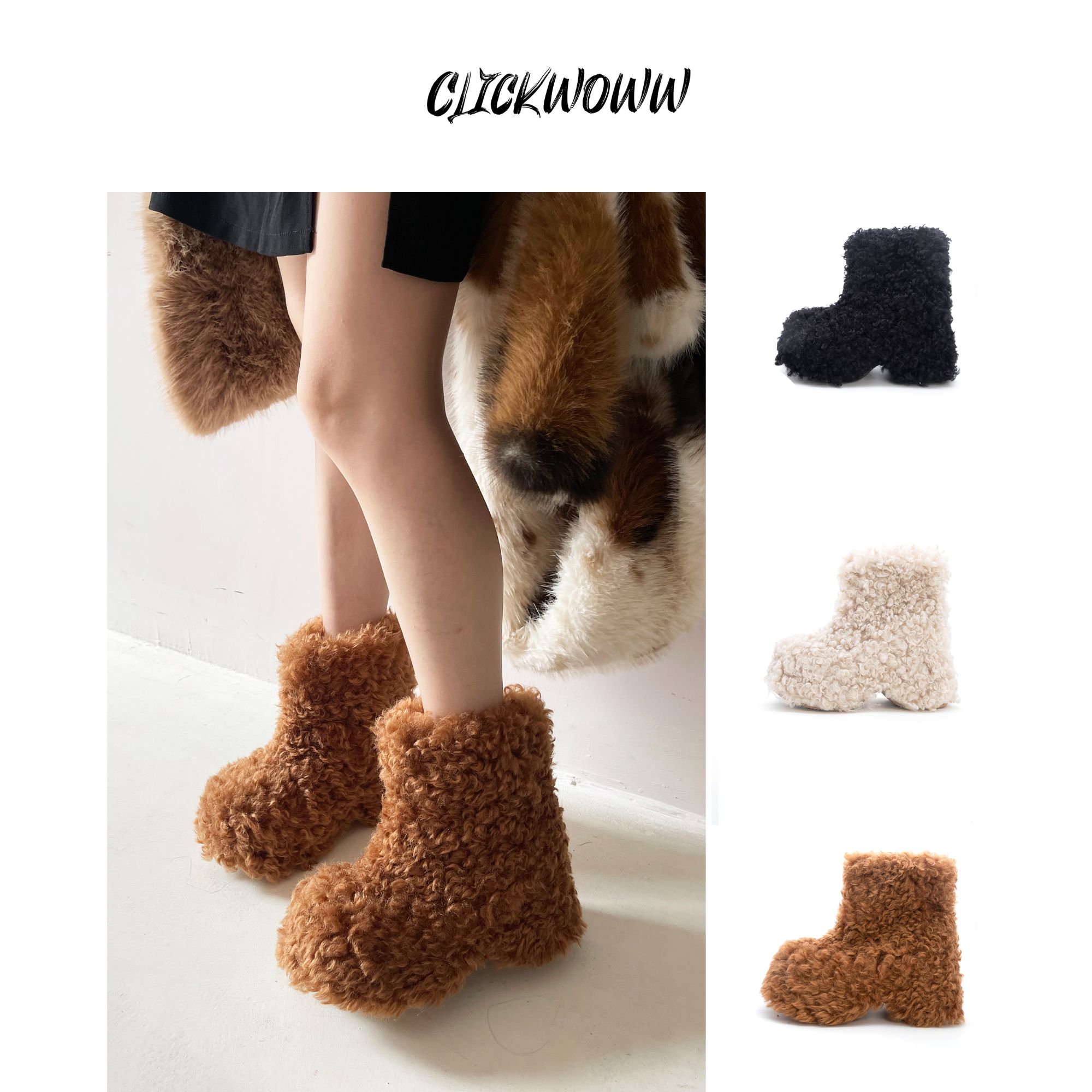 clickwoww 矮子乐超厚底增高圆头可爱毛毛短靴