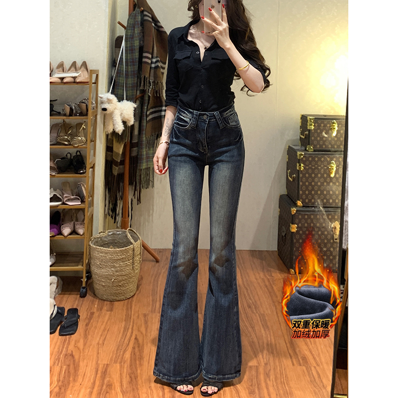 高腰压褶加绒微喇牛仔裤女2025冬季新款百搭显瘦显腿长喇叭长裤