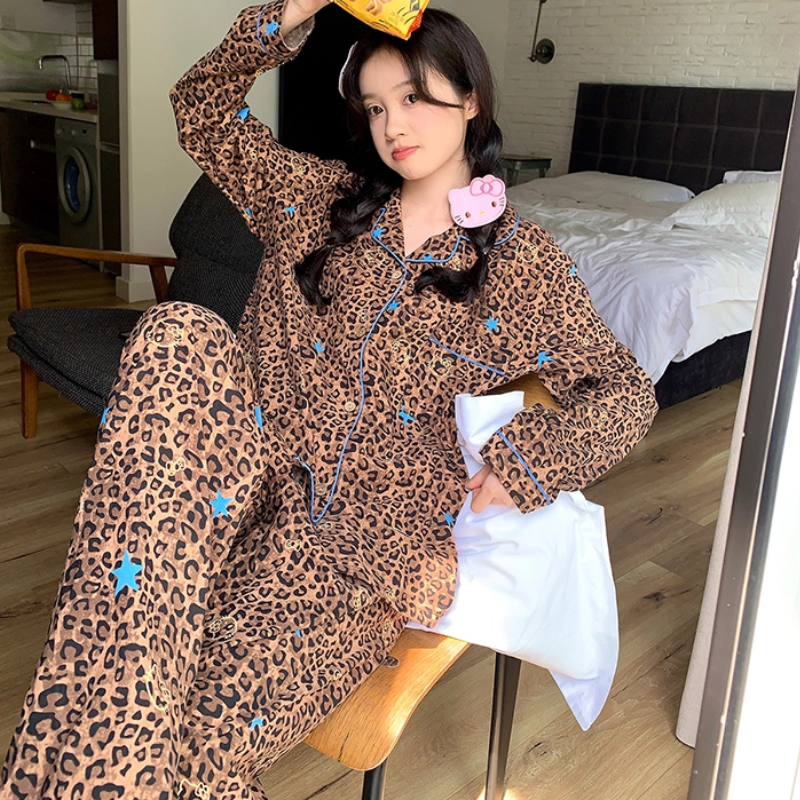 【长袖-棕色豹纹kitty猫】秋天长袖长裤甜酷睡衣套装女卡通家居服