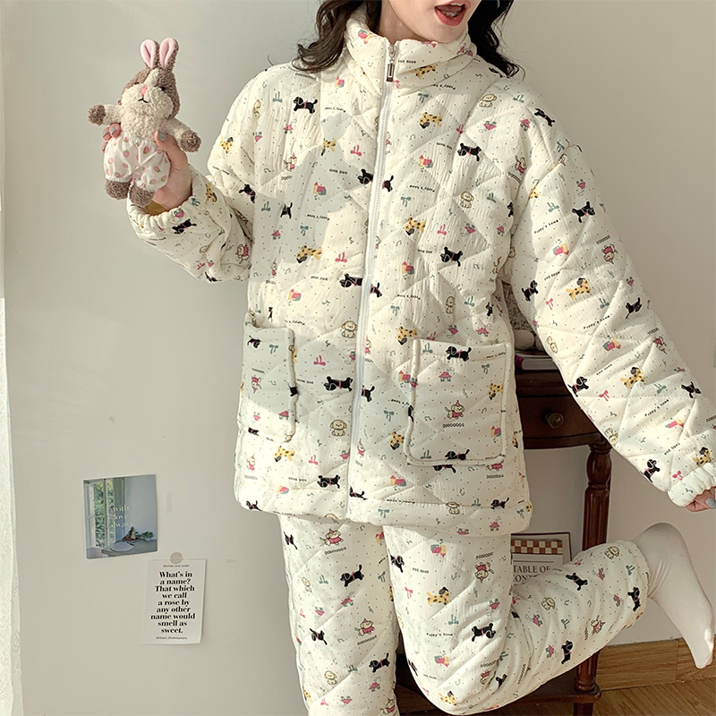 云朵棉拉链睡衣女冬季三层加厚保暖卡通夹棉家居服套装