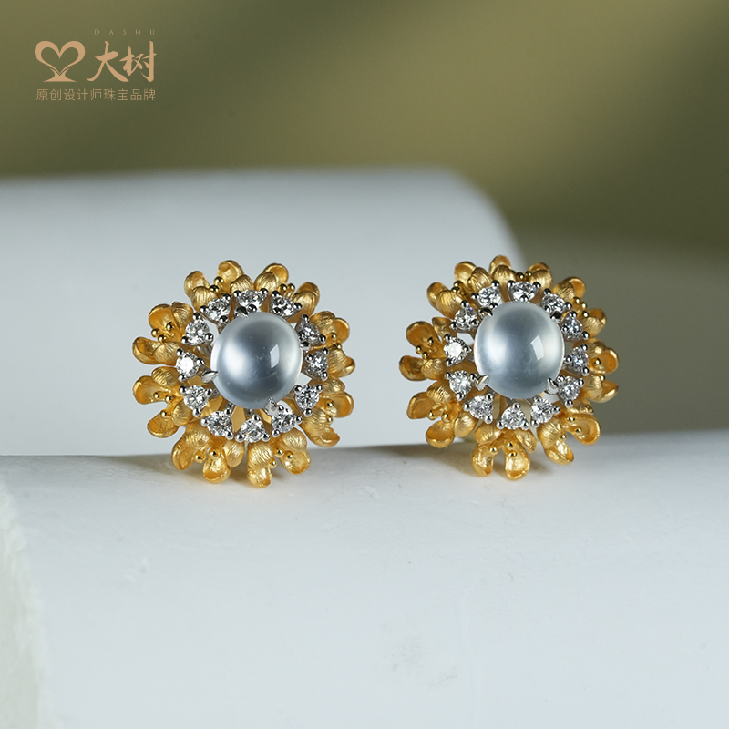 高定 天然A货翡翠/18k金镶嵌/一生金桂耳钉（2005）