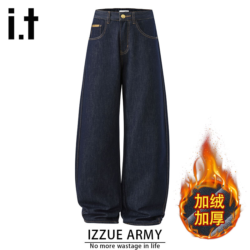 秋冬季加绒加厚牛仔裤裤子男宽松潮流美式休闲丹宁蓝弯刀牛仔裤