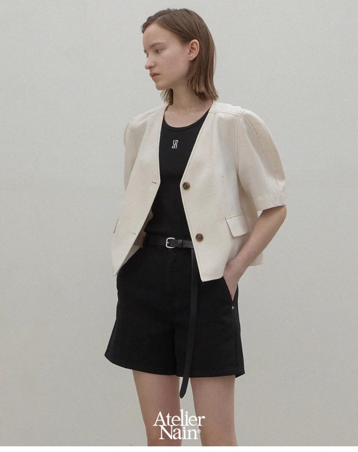 闪闪兒 Ateli*er Nai*n简约宽松V领纽扣女西装韩版短袖西装3347