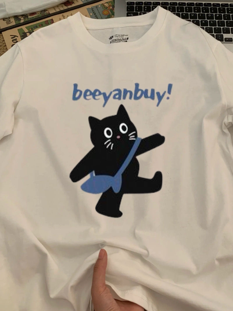 美式女装短袖纯棉100%T恤夏季ins可爱猫咪印花潮牌宽松显瘦百搭衣