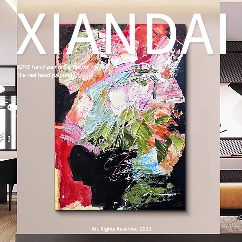 FLD.手绘油画《绿野红霞》现代艺术抽象画餐厅客厅油画玄关装饰画