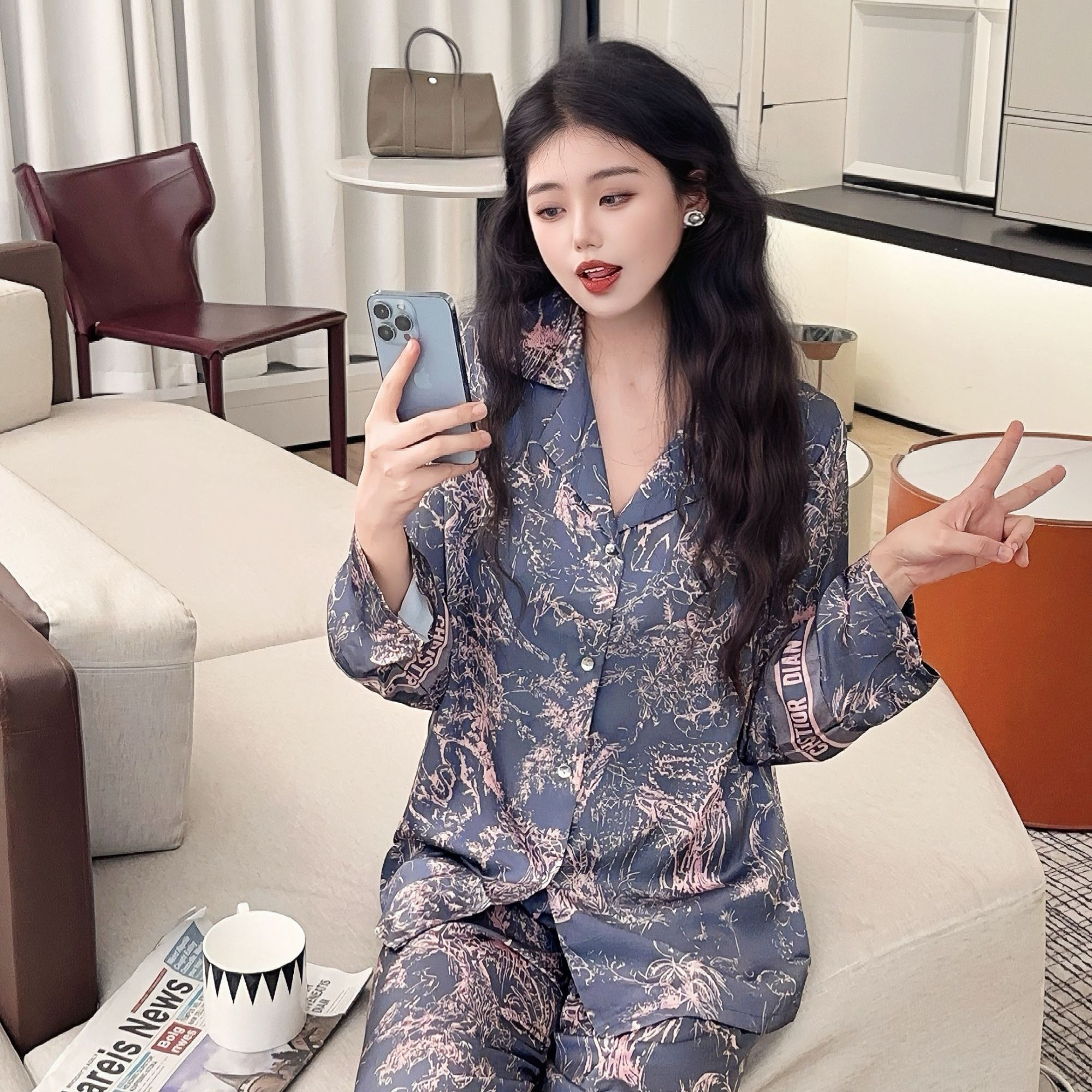 【丛林秘境】少女轻奢春秋新款睡衣女冰丝长袖高级感水墨画薄款女士